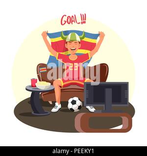 2018 WM-Fußball-Cup, Fussball fan feiern Ziel zu Hause Fernsehen Übersetzung und die Flagge. Fußball Team Supporter mit Soda und Popcorn Wildbeobachtung. Stock Vektor