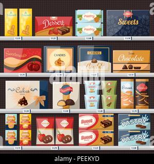 Schokolade Bonbons in Papier verpackt, Süßigkeiten im Laden oder Speichern Showcase oder Stall, Markt oder Supermarkt Konfektion Lebensmittelgeschäft am Regal mit Preis tags oder Etiketten. Ernährung und Handel, Verkauf und Handel Stock Vektor