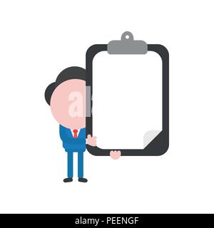 Vector Illustration der Geschäftsmann Charakter Holding schwarz Klemmbrett mit leerem Papier Symbol. Stock Vektor