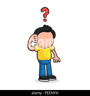 Vektor hand gezeichnete Karikatur Illustration von verwirrten Menschen denken mit Fragezeichen. Stock Vektor