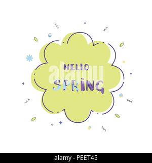 Hallo Frühling handschriftliche Schriftzug auf Blume Banner mit Rahmen und geometrischen dekorativen Formen. Element für Grafikdesign - Plakat, Flyer, Broschüre, Stock Vektor