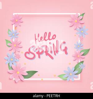 Hallo Frühling Banner mit Blumen und Rahmen. Handschriftliche Beschriftung. Element für Grafikdesign - Plakat, Flyer, Broschüre, Karte, tag, Aufkleber, Abzeichen. V Stock Vektor