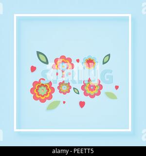 Frühling Text mit Blumen auf blauem Hintergrund. Vector Illustration. Stock Vektor