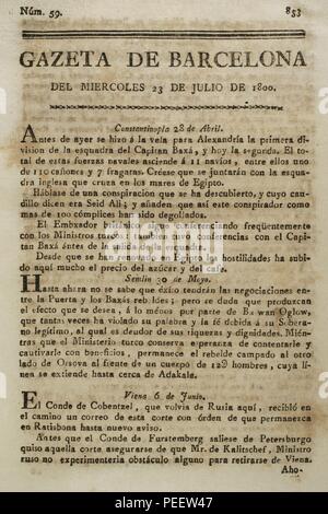 Gazeta de Barcelona, 23 de Julio de 1800. Núm. 59. Portada. Biblioteca Histórico Militar de Barcelona. Cataluña. España. Stockfoto