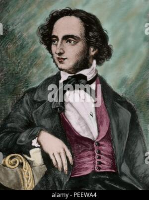 Felix Mendelssohn (Jakob Ludwig Felix Mendelssohn Bartholdy) (Hamburgo, 1809 - Leipzig, 1847). Compositor y pianista de Música romántico Alemán. Direktor musikalische del Gweandhaus de Leipzig. Imagen coloreada. Stockfoto