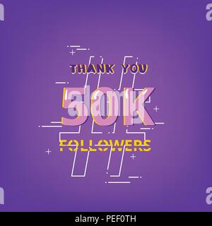 50 K Anhänger danke Phrase mit zufälligen Elemente. Vorlage für Social Media. Glitch chromatische Aberration Stil. Ultra Violet Palette Farben. 5000 Stock Vektor