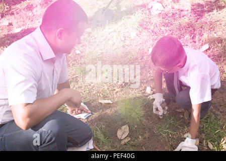 Defokussieren Sie Vater und Sohn Mensch junge Pflanze einen Baum auf dem Schulgelände. September wieder in die Schule Konzept Stockfoto