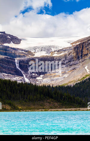 Bug Gletscher mit Wasserfällen und Bow Lake im Banff National Park, Alberta, Kanada. Bug Gletscher ist ein Abfluss Glacier aus wapta Icefield entlang der Stockfoto