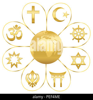 Weltreligionen united auf einem goldenen Blume mit dem Planeten Erde in der Mitte. Zeichen der großen religiösen Gruppen und Religionen. Stockfoto