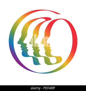 Drei (bzw. sechs) menschlichen Profil, von mehrfarbigen Farbband gezogen - wie einzelne Zeile. Symbol der Einheit in der Vielfalt. Vektor Zeichnung auf isolierten Hintergrund. Stock Vektor