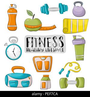 Fitness und gesunde Lebensweise Symbole gesetzt. Bunte Hand gezeichnet doodle Objekte. Vektor Illustrator. Stock Vektor