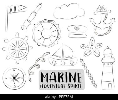 Marine nautical travel Symbole gesetzt. Schwarze und weiße Hand Umrisse doodle Objekte gezeichnet. Färbung Seite Kinder spiel. Vektor Illustrator. Stock Vektor