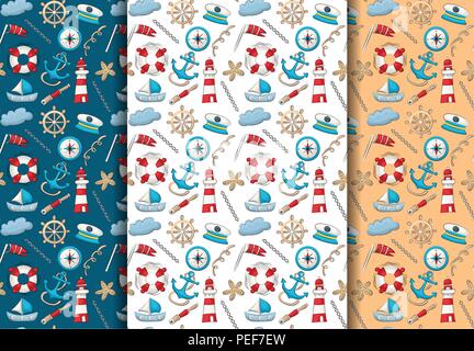 Marine nautical travel Thema festlegen. Nahtlose Muster. Wiederholen Hintergrund für Textilwaren, die Umhüllung, die Tapete. Vector Illustration. Stock Vektor