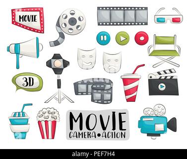 Film Kino Symbole gesetzt. Bunte Hand gezeichnet doodle Objekte. Vektor Illustrator. Stock Vektor