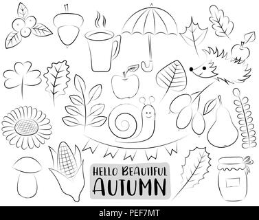 Herbst Symbole gesetzt. Schwarze und weiße Hand Umrisse doodle Objekte gezeichnet. Färbung Seite Kinder spiel. Vector Illustration. Stock Vektor