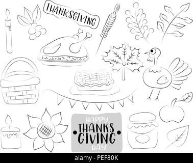 Happy Thanksgiving Tag cartoon Symbole und Objekte festlegen können. Schwarzer und weißer Umriss Färbung Seite. Hand kinder spiel Vector Illustration gezeichnet. Stock Vektor