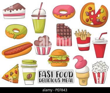 Fast food cartoon Symbole und Objekte festlegen können. Hand Vector Illustration gezeichnet. Stock Vektor