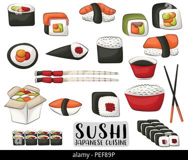 Sushi und Brötchen. Japanische Küche Konzept. Symbole und Objekte für asiatisches Restaurant Menü oder Werbung. Vector Illustration auf weißen Bac isoliert Stock Vektor