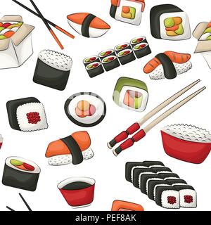 Sushi Rollen nahtlose Muster. Asian Food Restaurant Menü Hintergrund Konzept wiederholen. Vector Illustration. Stock Vektor