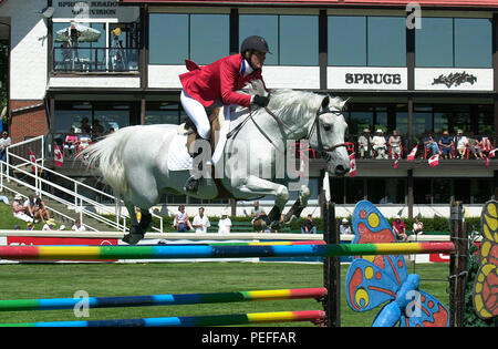 Die Nordamerikanischen, Spruce Meadows, Juni 2002, Sun Life, Schuyler Riley (USA) Reiten Carolus H Stockfoto