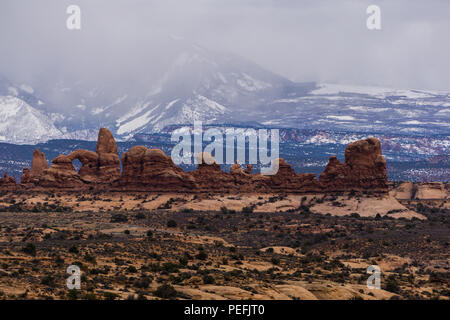 Die Windows Bereich der Bögen, die La Sal Mountains im Hintergrund. Stockfoto