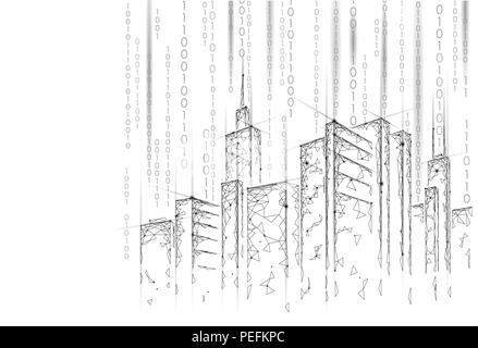 Low Poly smart City 3D Drahtgitter. Intelligente Gebäudeautomation Geschäftskonzept. Der binäre Code Datenfluss Nummer. Architektur urbane Stadtbild Technologie Skizze banner Vector Illustration Stock Vektor