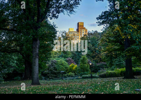 Foto in New York USA übernommen, August 2017: New York Central Park mit Blick auf die Skyline Sonnenuntergang Bäume Wolken Stockfoto