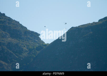 Feuerwehrmänner bekämpfen ein Waldbrand auf dem Tafelberg mit Hubschraubern Stockfoto