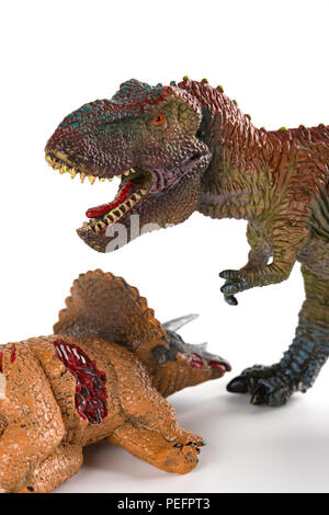 Mit einem tyrannosaurus Triceratops Körper in der Nähe auf weißem Hintergrund vertikalen Zusammensetzung Stockfoto