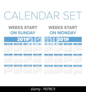 Einfache 2019 Jahr Kalender Woche beginnt am Sonntag und Montag Stock Vektor