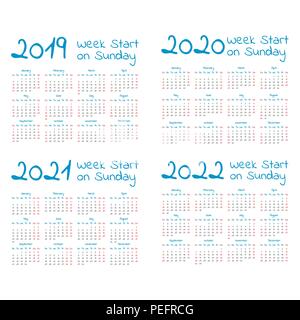 Einfache 2019-2022 Jahr Kalender Woche beginnt am Sonntag Stock Vektor