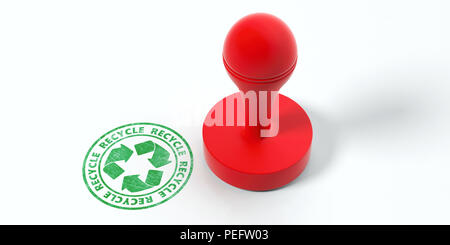 Recyceln Sie Stempel. Rote runde Gummi stamper und grünen Stempel mit Text auf weißem Hintergrund Recycling isoliert. 3D-Darstellung Stockfoto