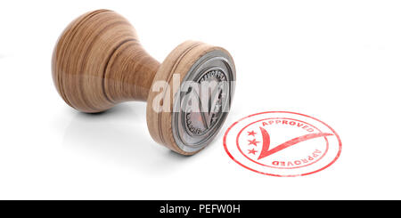 Genehmigt Stempel. Holz- runde Gummi stamper und Stempel mit Text auf weißem Hintergrund genehmigt isoliert. 3D-Darstellung Stockfoto