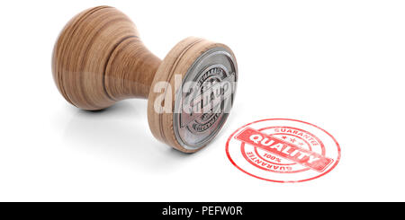 Qualitätssiegel. Holz- runde Gummi stamper und Stempel mit Text auf weißem Hintergrund. 3D-Darstellung Stockfoto