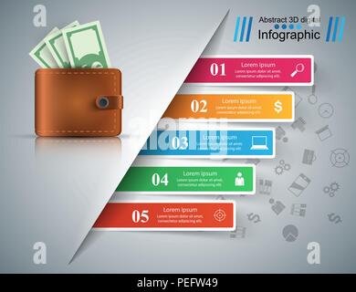 Business Infografiken. Dollar, Geld, wallet Symbol. Fünf Elemente Stock Vektor