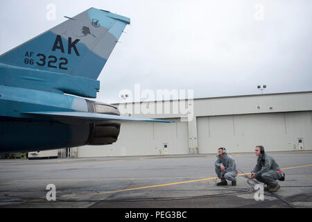 Us Air Force Piloten der 1. Klasse und Bryan Watson Jason Bateman, beide 354 Aircraft Maintenance Squadron Mannschaft Leiter, Prüfung 18 Aggressor Squadron F-16 Fighting Falcon, 12.08.19, 2015, vor der Einführung von einer roten Flagge - Alaska (RF-A) 15-3 sortie von eielson Air Force Base, Alaska. Die Unterstützung der Flieger der 354 Wartung Gruppe stellen Sie sicher, dass die Piloten der 18 Aggressor Squadron handeln kann als Feind "Rot" Kräfte zu realen Taktiken, die Koalition "Blau" Kräfte schnell einstellen beschäftigen, arbeiten zusammen und Herausforderungen während der simulierten Kampf Einsätze im gesamten RF-überwinden-A. (U.S. Luft Stockfoto