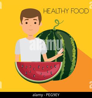 Junger Mann mit Wassermelone gesundes Essen Vector Illustration Design Stock Vektor