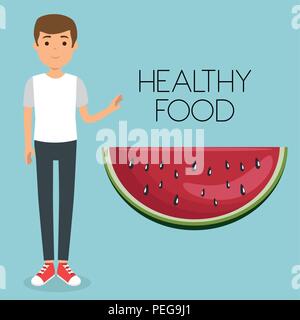 Junger Mann mit Wassermelone gesundes Essen Vector Illustration Design Stock Vektor