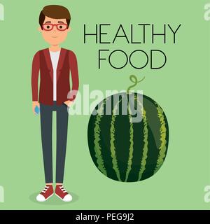 Junger Mann mit Wassermelone gesundes Essen Vector Illustration Design Stock Vektor