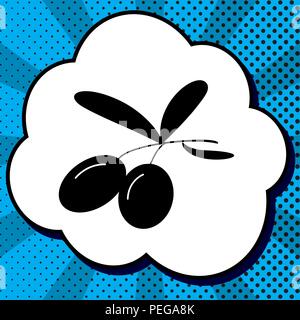 Oliven zeichen Abbildung. Vektor. Schwarzes Symbol in Bubble, blau Pop-art Hintergrund mit Strahlen. Stock Vektor