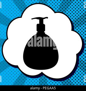 Gel, Schaum oder flüssige Seife. Dispenser Pumpe Plastikflasche Silhouette. Vektor. Schwarzes Symbol in Bubble, blau Pop-art Hintergrund mit Strahlen. Stock Vektor