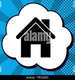 Home silhouette Abbildung. Vektor. Schwarzes Symbol in Bubble, blau Pop-art Hintergrund mit Strahlen. Stock Vektor