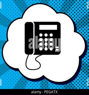 Kommunikation oder Telefon anmelden. Vektor. Schwarzes Symbol in Bubble, blau Pop-art Hintergrund mit Strahlen. Stock Vektor