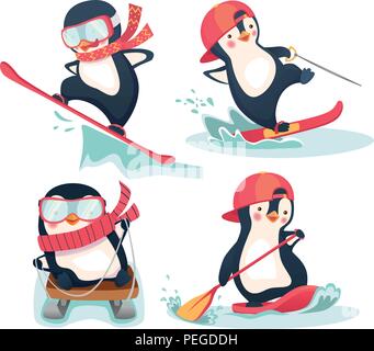 Aktivitäten im Winter und im Sommer. Pinguin vector Abbildung Stock Vektor