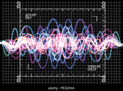 Equalizer Vector Illustration. Abstrakte Welle Symbol für Musik und Sound. Pulsation Farbe wellenförmige Bewegung Linien auf schwarzem Hintergrund. Radio Frequency Graph. Grafik digital Voice. Boersenkurs Linie. Stock Vektor