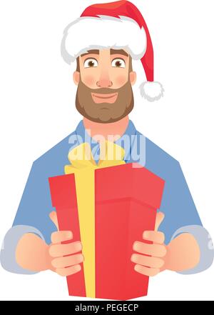 Geschäftsmann in Santa Claus hat. Mann mit roten vorhanden. Hände halten Geschenkbox mit Schleife Stock Vektor