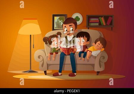 Großvater mit Enkel auf einem gemütlichen Sofa mit dem Buch, lesen und erzählen Buch märchen geschichte. Die Jungen und Mädchen auf ihn sollt ihr hören. Vektor Cartoon Illustration. Gemütliche Abend. Stock Vektor
