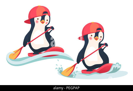 Pinguin schwimmen auf SUP Board. Paddle Board. Pinguin Abbildung Stockfoto