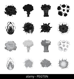 Flamme, Funken, Wasserstoff Fragmente, Atomic oder gas Explosion, Gewitter, solar Explosion. Explosionen set Sammlung Icons in Schwarz, Schwarz-Weiß Stil v Stock Vektor