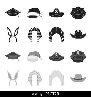 Rabbit Ears, Richter Perücke, Cowboy. Hüte set Sammlung Icons in Schwarz, Schwarz-Weiß Stil vektor Symbol lieferbar Abbildung. Stock Vektor